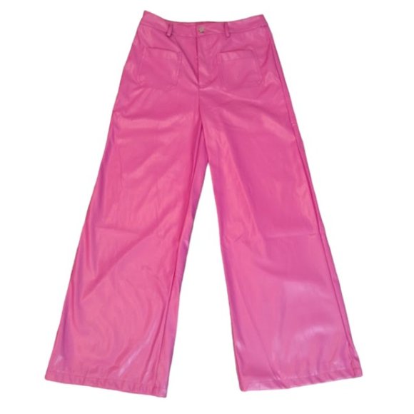 Glam PU Pants Women's Pink Front Pocket Wide Leg Stylish Cute Shiny Size Large - Picture 1 of 12